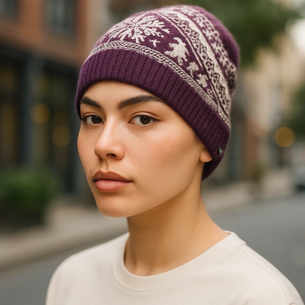 Muk Luks Womens Reversible Beanie Hat Purple Fair Isle Snowflake Knit Ski Cap